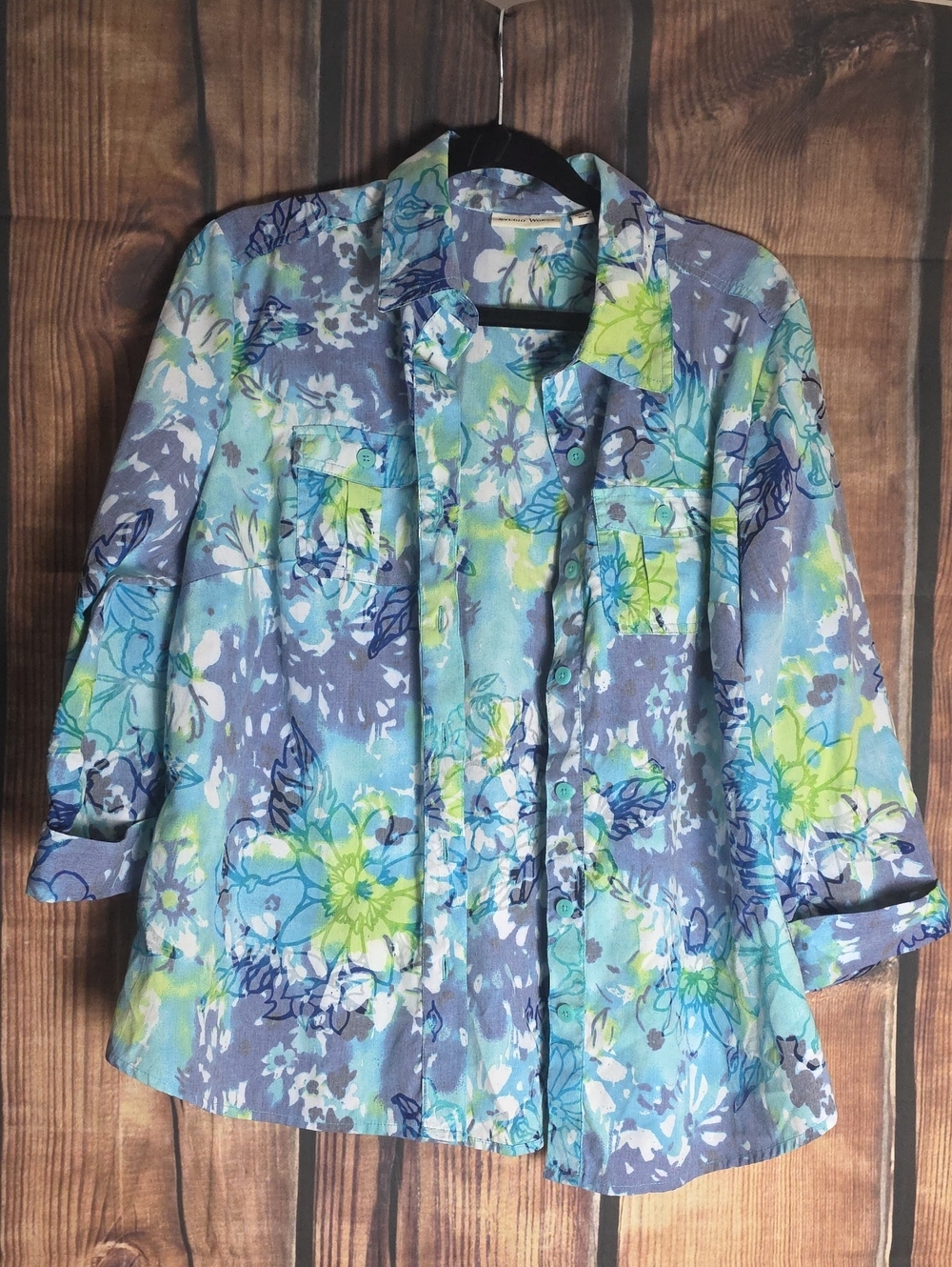 Studio Works Large Floral Button-Front Top in Blue & Green